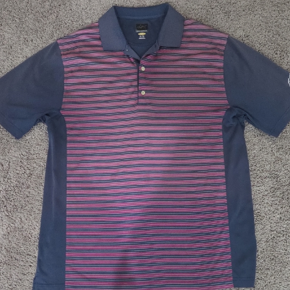 Greg Norman Collection- Navy and Pink Striped Polo- XL